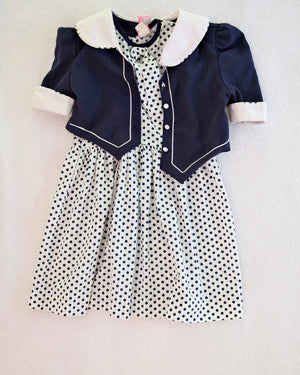 Vintage Miss Quality Navy and White Polka Dot Drop Waist Girls Dress with Jacket: Size 7