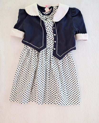 Vintage Miss Quality Navy and White Polka Dot Drop Waist Girls Dress with Jacket: Size 7