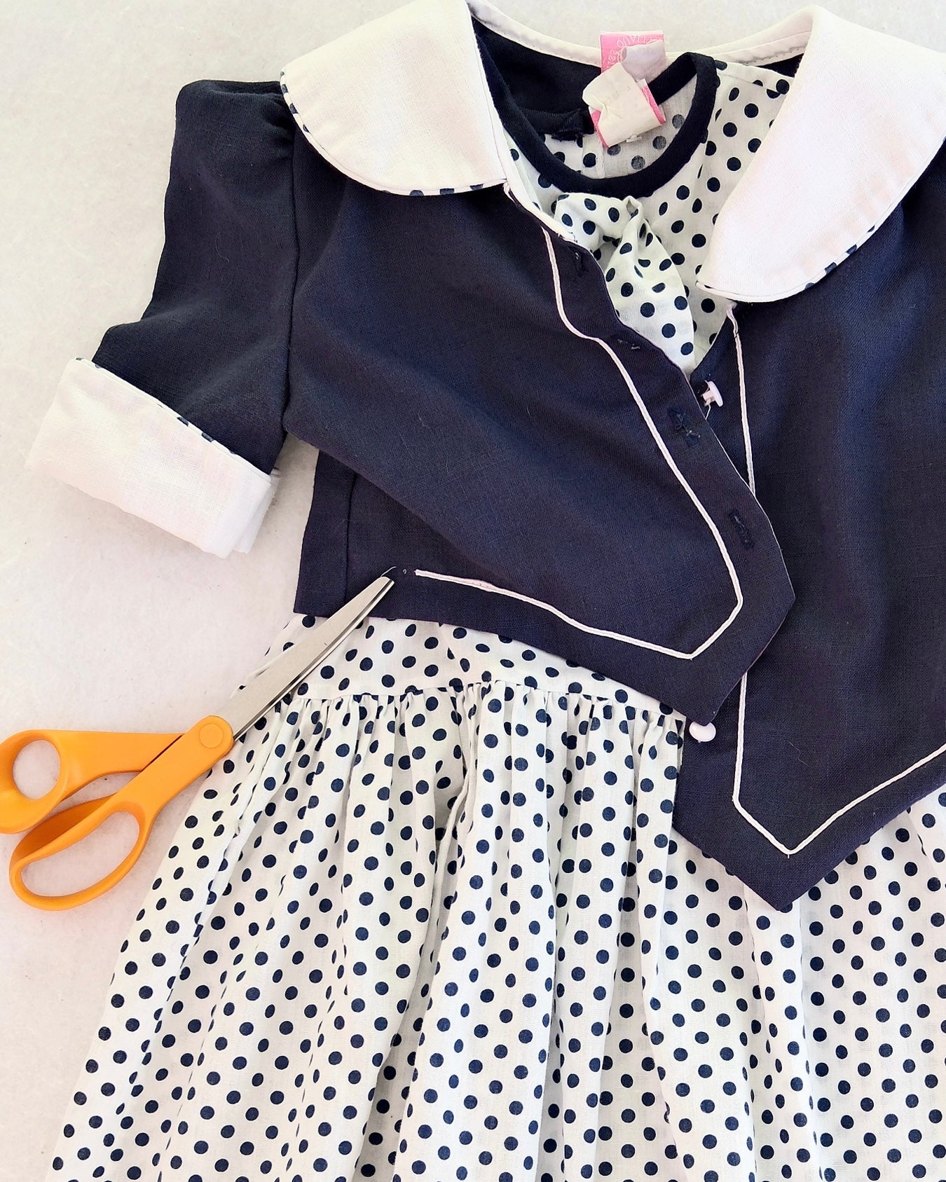 Vintage Miss Quality Navy and White Polka Dot Drop Waist Girls Dress with Jacket: Size 7