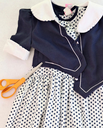 Vintage Miss Quality Navy and White Polka Dot Drop Waist Girls Dress with Jacket: Size 7