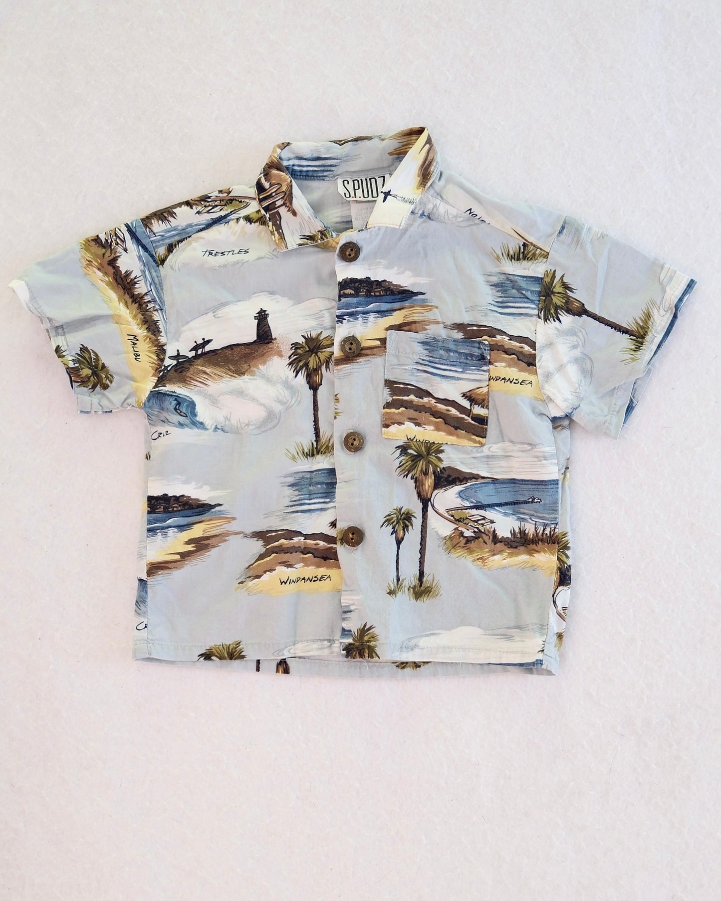 Vintage S.PUDZ California Surf Spots Button-Up Baby Shirt: 2T?