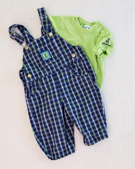 Vintage OshKosh B'Gosh Navy Plaid Overalls + Lime Green Bodysuit Baby Set: 3/6 Months