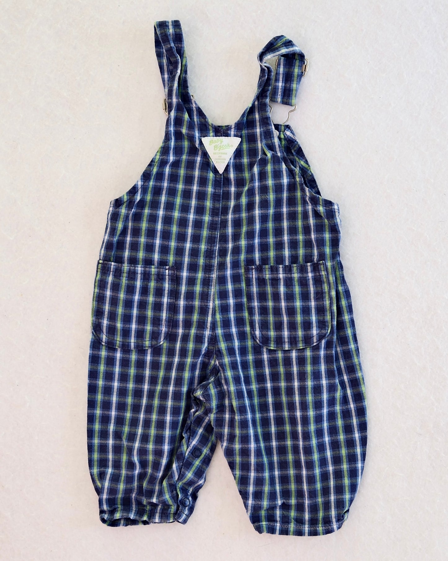 Vintage OshKosh B'Gosh Navy Plaid Overalls + Lime Green Bodysuit Baby Set: 3/6 Months