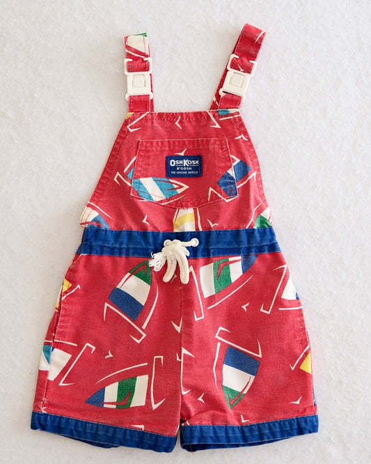 Vintage OshKosh B'Gosh Red Sailboat Print Toddler Shortall Overalls: 4T/2T fit