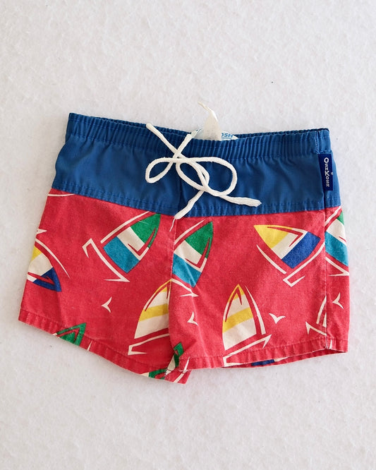 Vintage OshKosh B'Gosh Toddler Red Sailboat Print Swim Trunks: 2T/18m fit