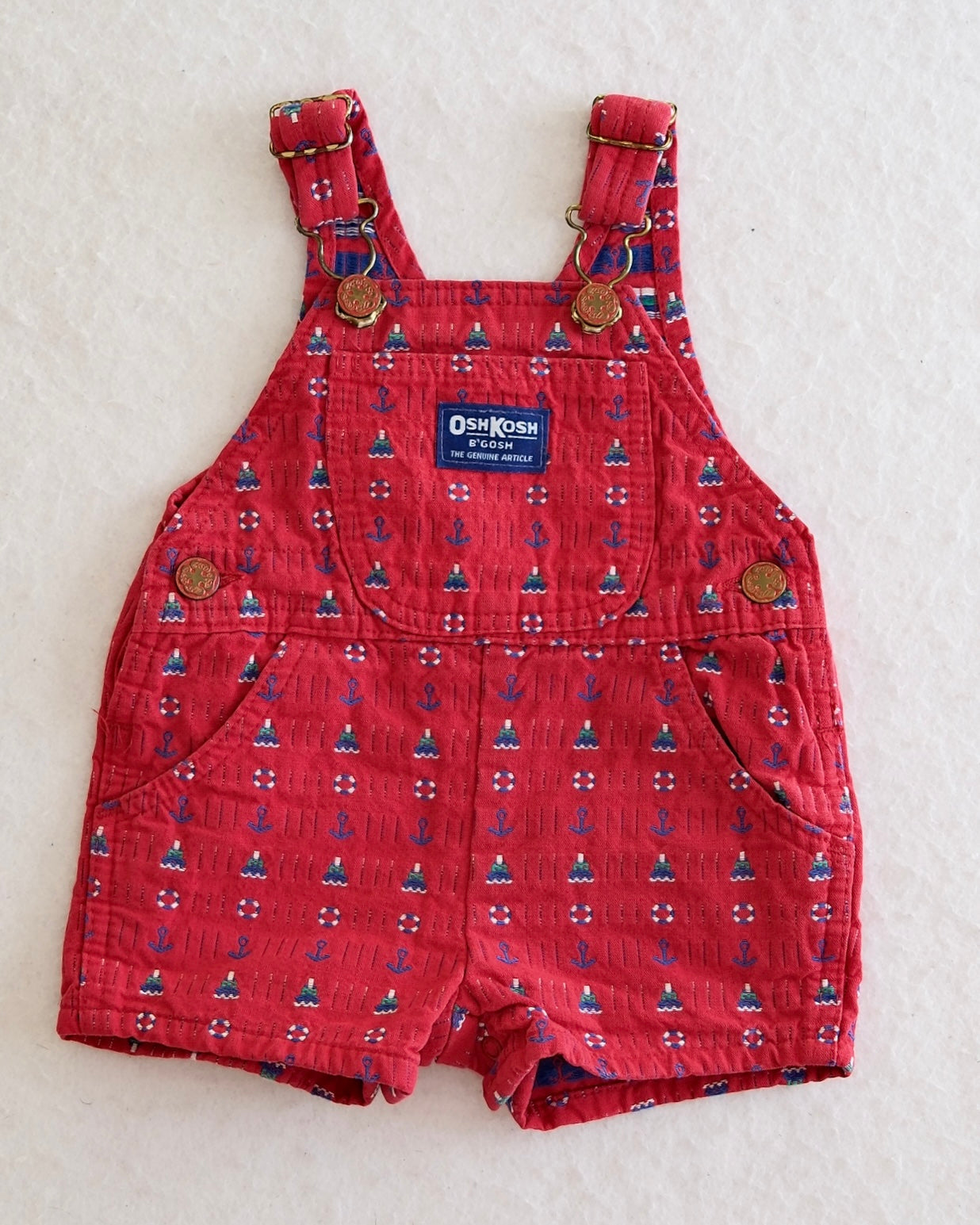Vintage OshKosh B'Gosh Baby Red Nautical Woven Print Short Overalls: 3/6 Months