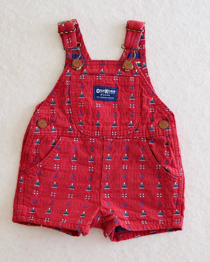 Vintage OshKosh B'Gosh Baby Red Nautical Woven Print Short Overalls: 3/6 Months