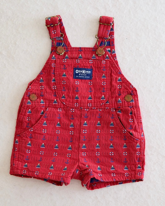 Vintage OshKosh B'Gosh Baby Red Nautical Woven Print Short Overalls: 3/6 Months