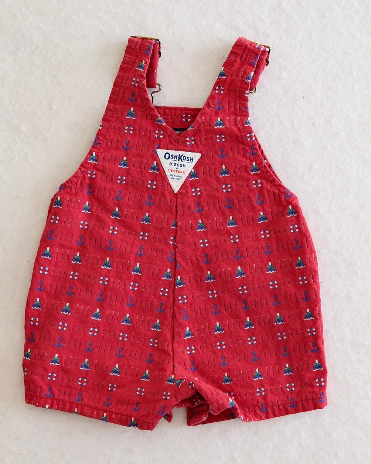 Vintage OshKosh B'Gosh Baby Red Nautical Woven Print Short Overalls: 3/6 Months