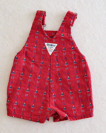 Vintage OshKosh B'Gosh Baby Red Nautical Woven Print Short Overalls: 3/6 Months