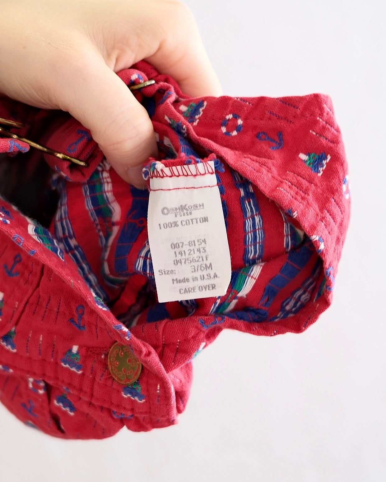 Vintage OshKosh B'Gosh Baby Red Nautical Woven Print Short Overalls: 3/6 Months