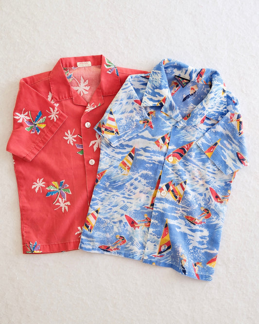 Vintage Red and Blue Hawaiian Toddler Button-Up Shirt Bundle: 3T