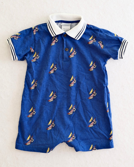 Vintage Hartstrings Blue Sailboat Print Toddler Polo Romper: 18 Months