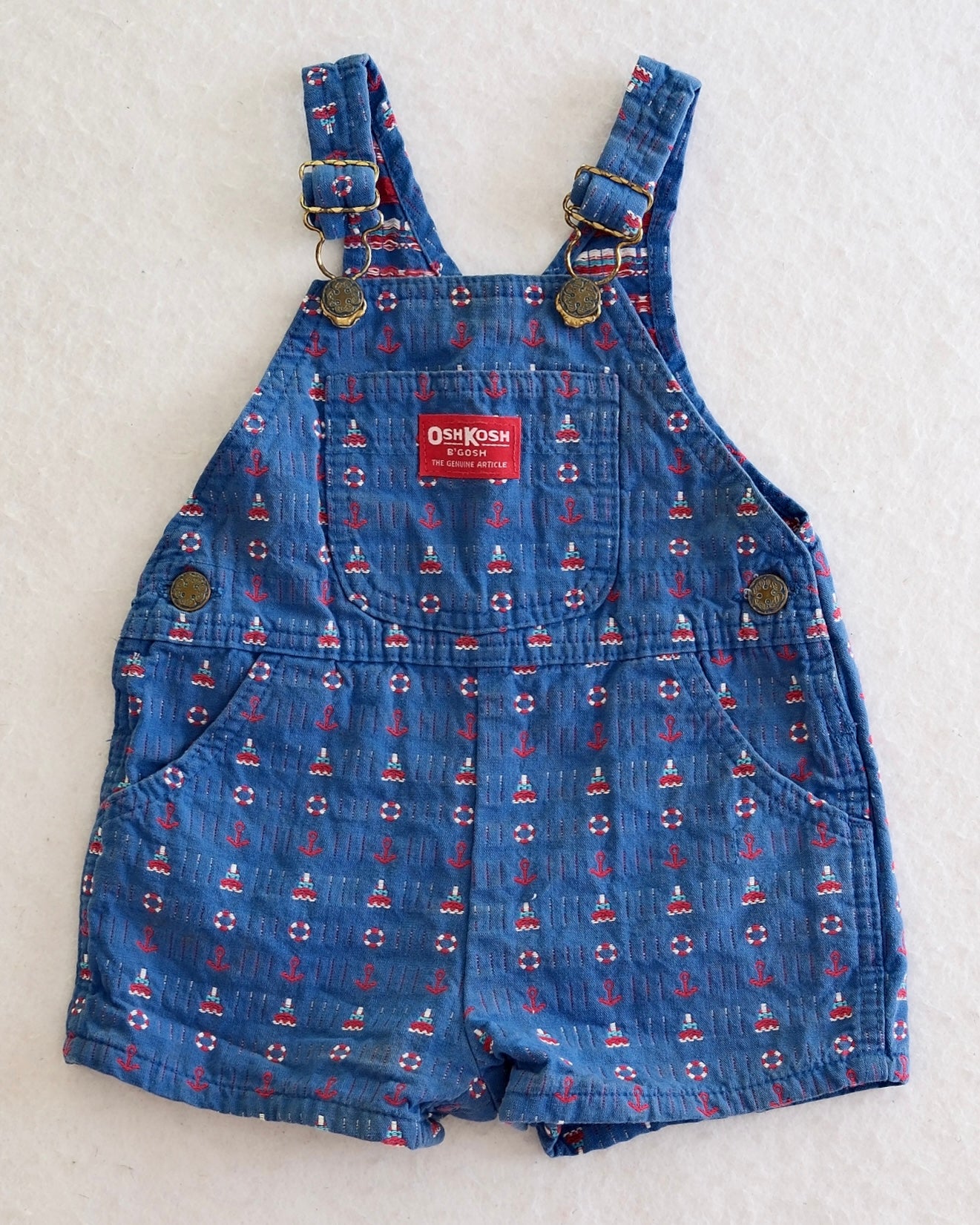 Vintage OshKosh B'Gosh Toddler Blue Nautical Woven Print Short Overalls: 24 Months