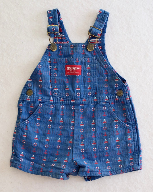 Vintage OshKosh B'Gosh Toddler Blue Nautical Woven Print Short Overalls: 24 Months