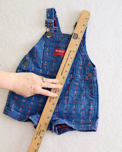 Vintage OshKosh B'Gosh Toddler Blue Nautical Woven Print Short Overalls: 24 Months