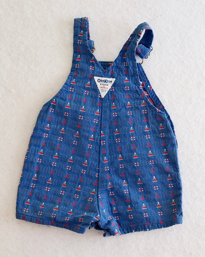 Vintage OshKosh B'Gosh Toddler Blue Nautical Woven Print Short Overalls: 24 Months