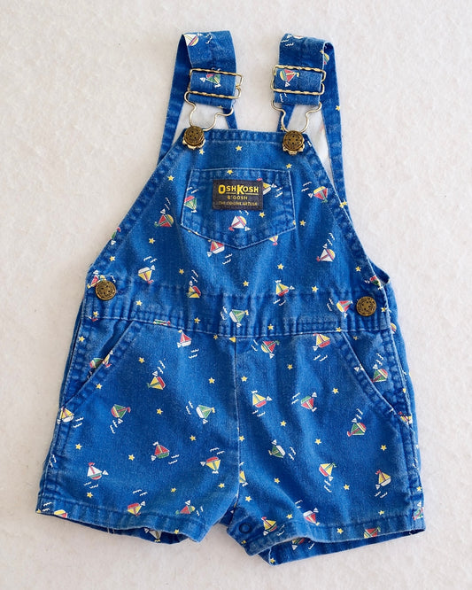 Vintage OshKosh B'Gosh Blue Sailboat Print Baby Short Overalls: 18 Months