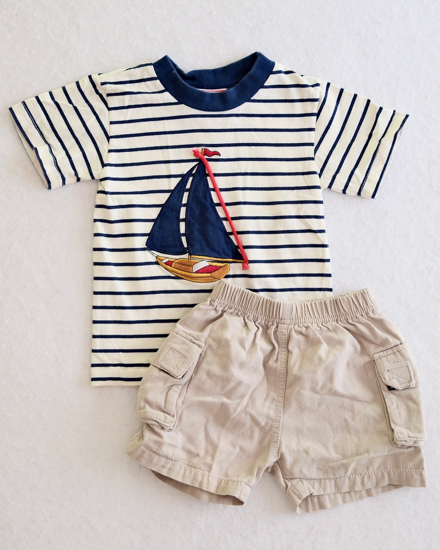Vintage City Kids Navy Stripe Sailboat Tee and Khaki Cargo Shorts Toddler Set: 2T