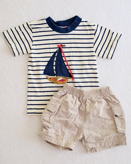 Vintage City Kids Navy Stripe Sailboat Tee and Khaki Cargo Shorts Toddler Set: 2T