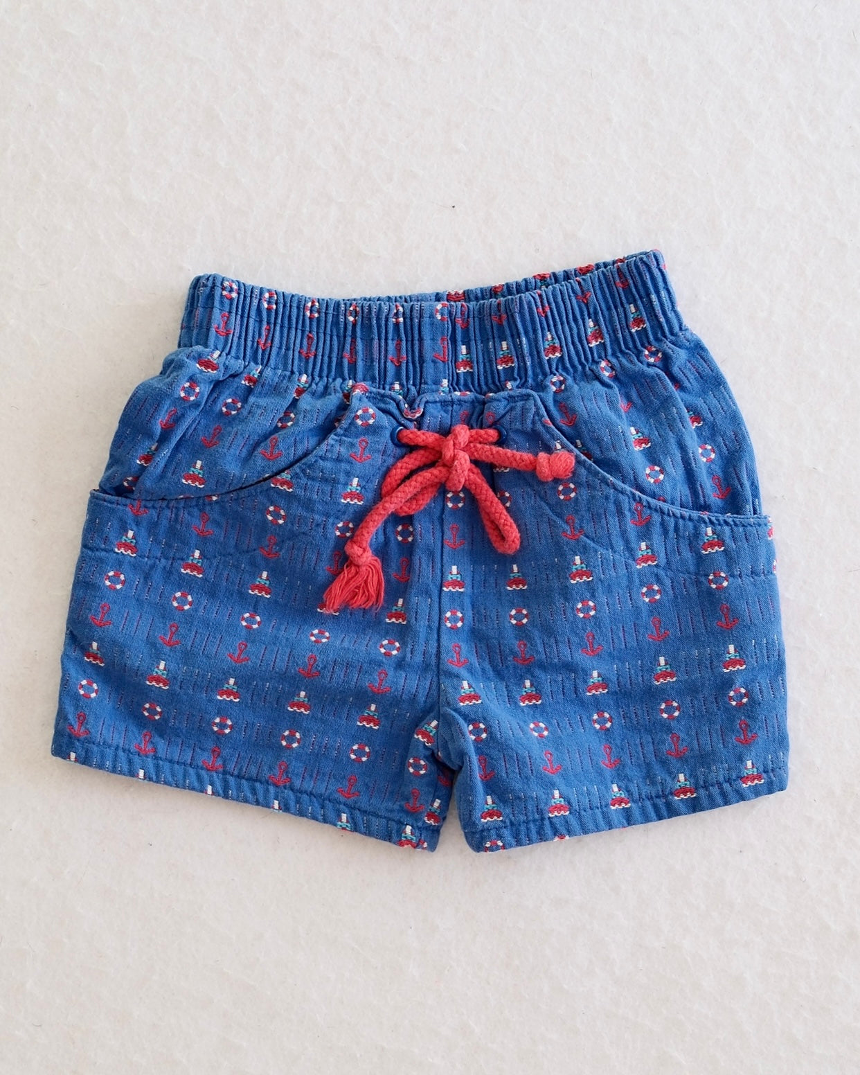 Vintage OshKosh B'Gosh Blue Nautical Woven Baby Drawstring Shorts: 12 Months