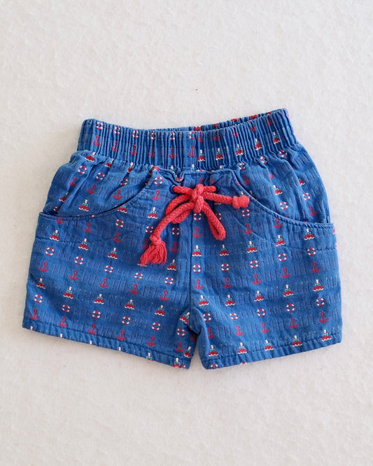 Vintage OshKosh B'Gosh Blue Nautical Woven Baby Drawstring Shorts: 12 Months
