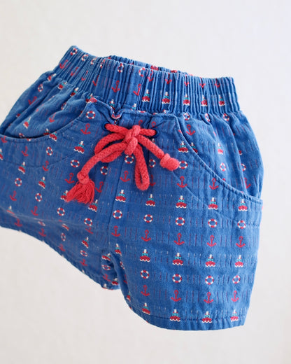 Vintage OshKosh B'Gosh Blue Nautical Woven Baby Drawstring Shorts: 12 Months