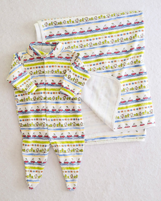 Vintage Carter's Sailboat Village Print Sleeper + Blanket: 3m