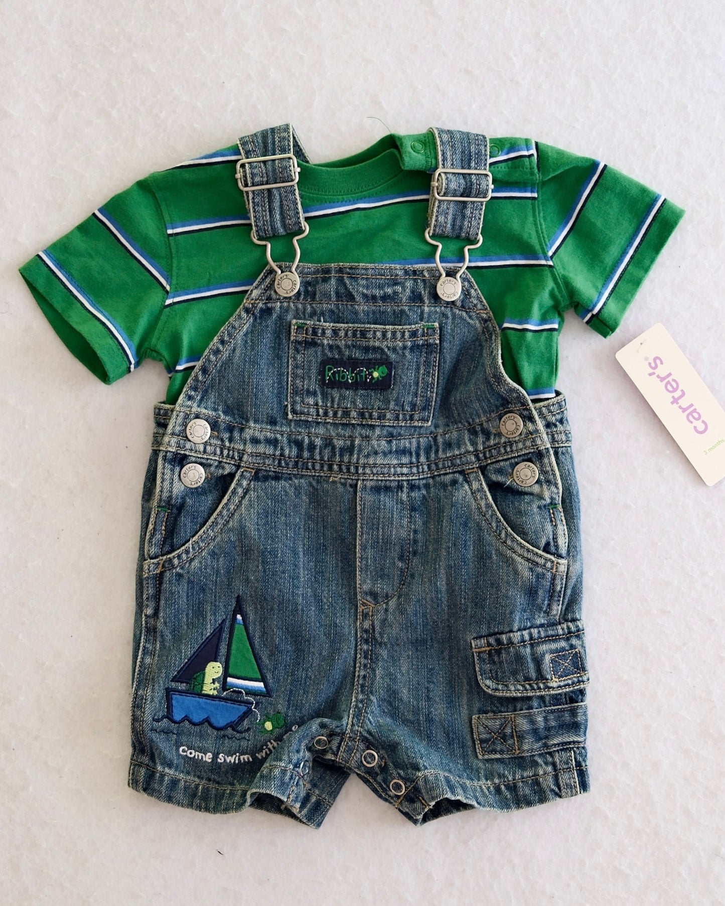 Y2K Carter's Sailboat Turtle Denim Overalls Set: 3m/12m fit