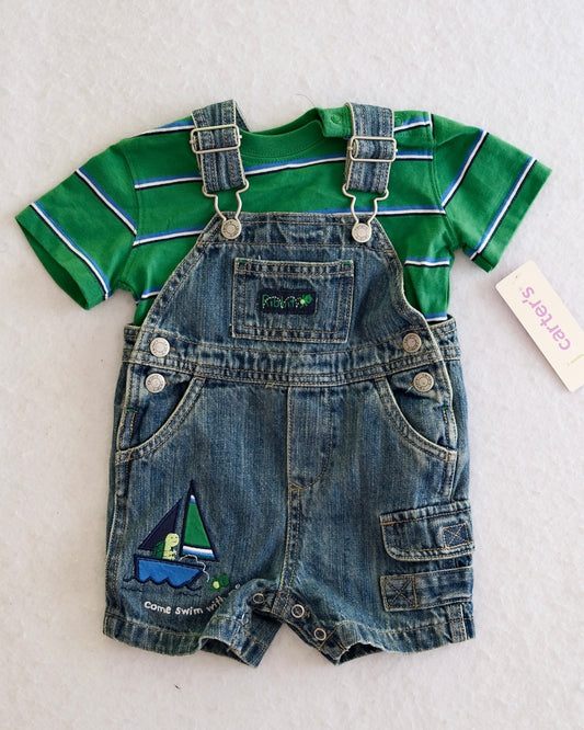 Y2K Carter's Sailboat Turtle Denim Overalls Set: 3m/12m fit