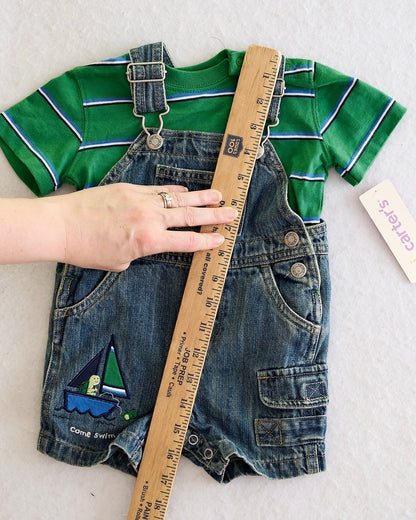 Y2K Carter's Sailboat Turtle Denim Overalls Set: 3m/12m fit