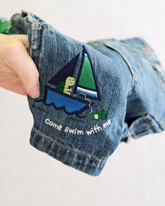 Y2K Carter's Sailboat Turtle Denim Overalls Set: 3m/12m fit