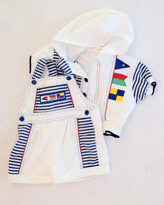 Vintage White Nautical Flag Hooded Jacket and Short Overalls Baby Set: 12 Months