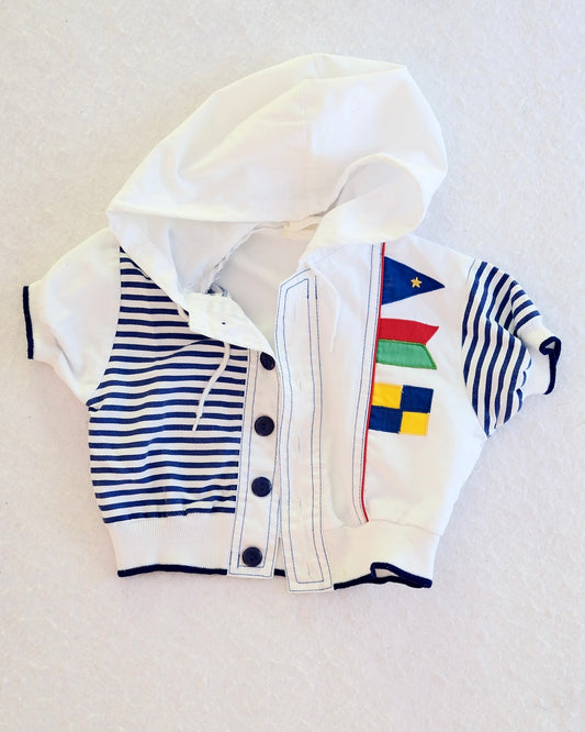 Vintage White Nautical Flag Hooded Jacket and Short Overalls Baby Set: 12 Months