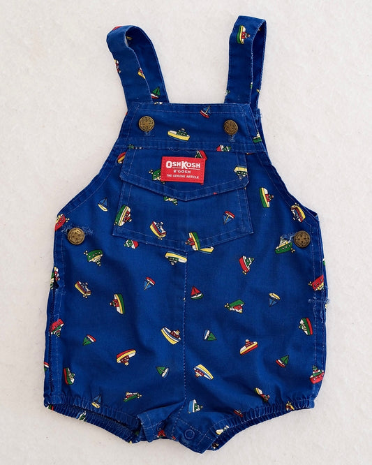 Vintage OshKosh B'Gosh Blue Boat Print Toddler Romper Overalls: 18m
