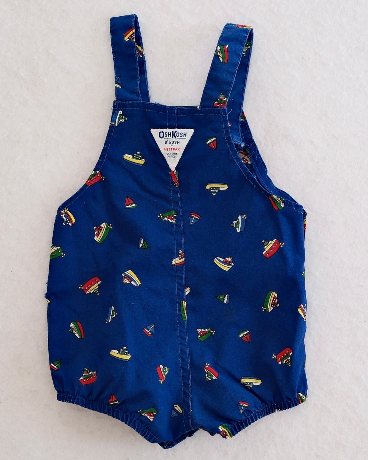 Vintage OshKosh B'Gosh Blue Boat Print Toddler Romper Overalls: 18m