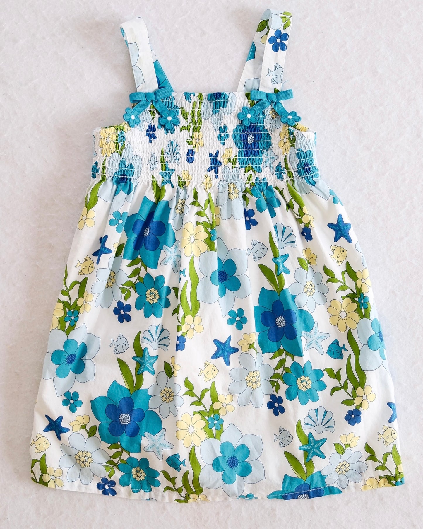 Y2K Gymboree Sea Splash Blue Ocean Floral Smocked Toddler Dress: 2T