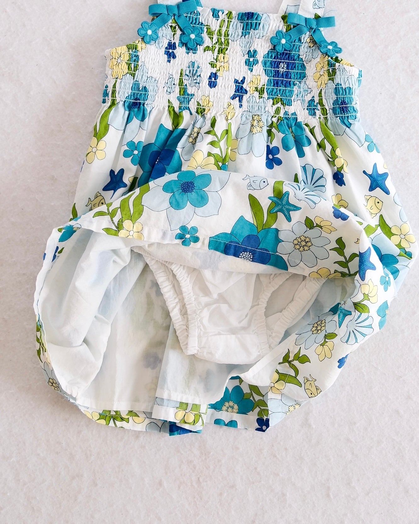 Y2K Gymboree Sea Splash Blue Ocean Floral Smocked Toddler Dress: 2T