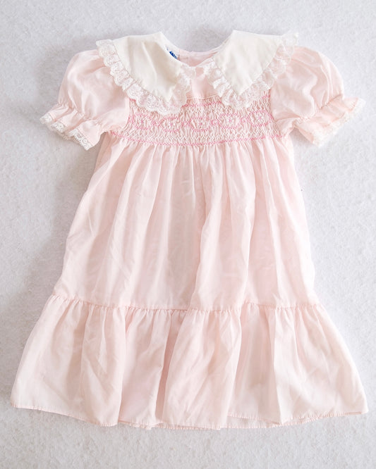 Vintage Polly Flinders Pink Dot Smocked Girls Dress: 6