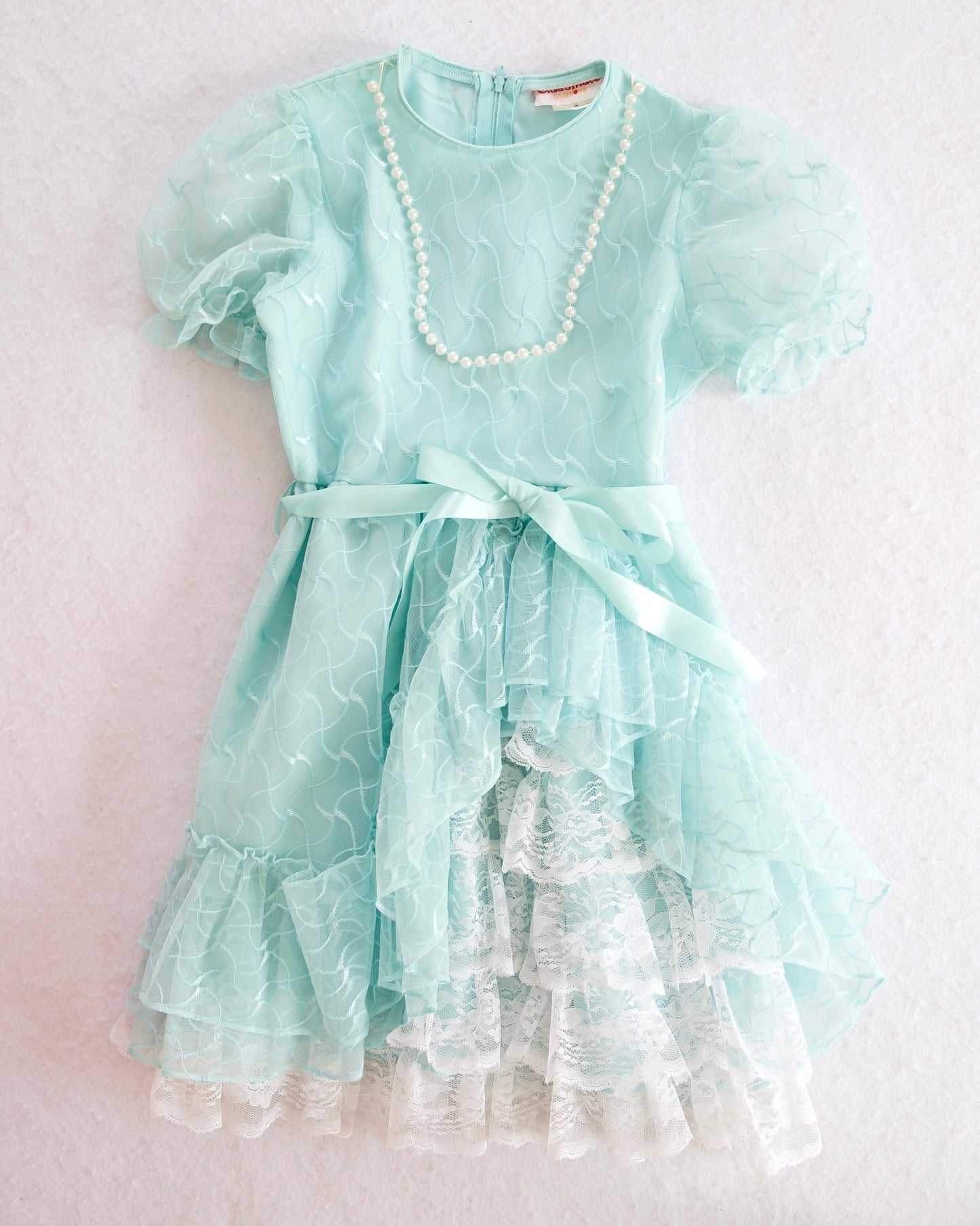 Vintage Mint Blue Ruffle Party Dress with Pearls: 8y