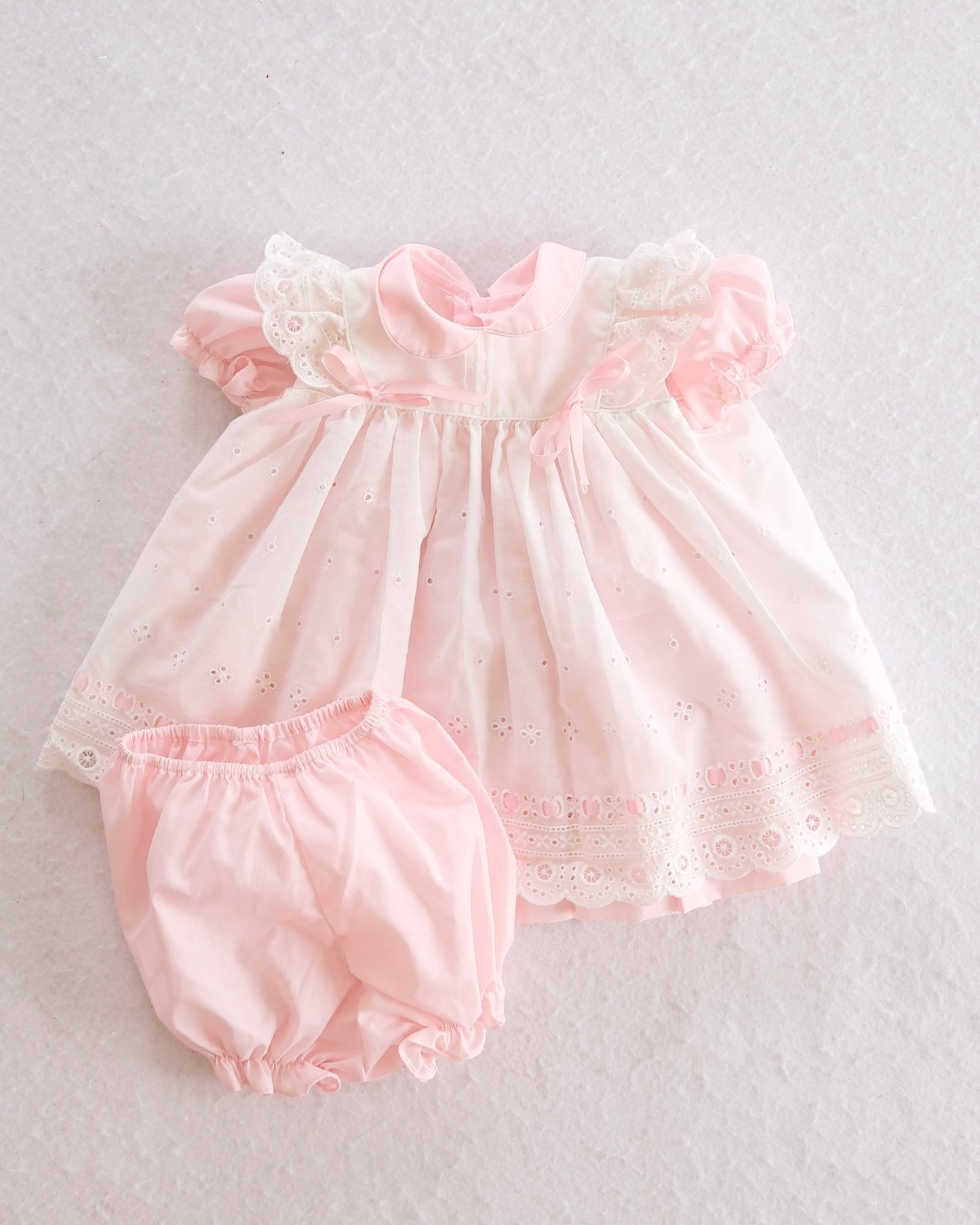Vintage CI Castro Pink Eyelet Baby Dress Set with Bloomers: 6m
