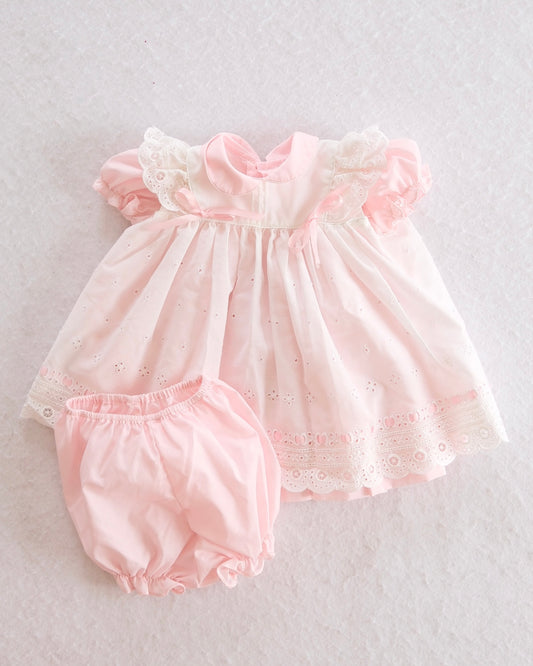Vintage CI Castro Pink Eyelet Baby Dress Set with Bloomers: 6m