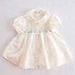 Vintage Smocked Ivory Baby Dress with Blue Floral Detail: 3–6M
