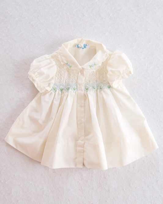 Vintage Smocked Ivory Baby Dress with Blue Floral Detail: 3–6M