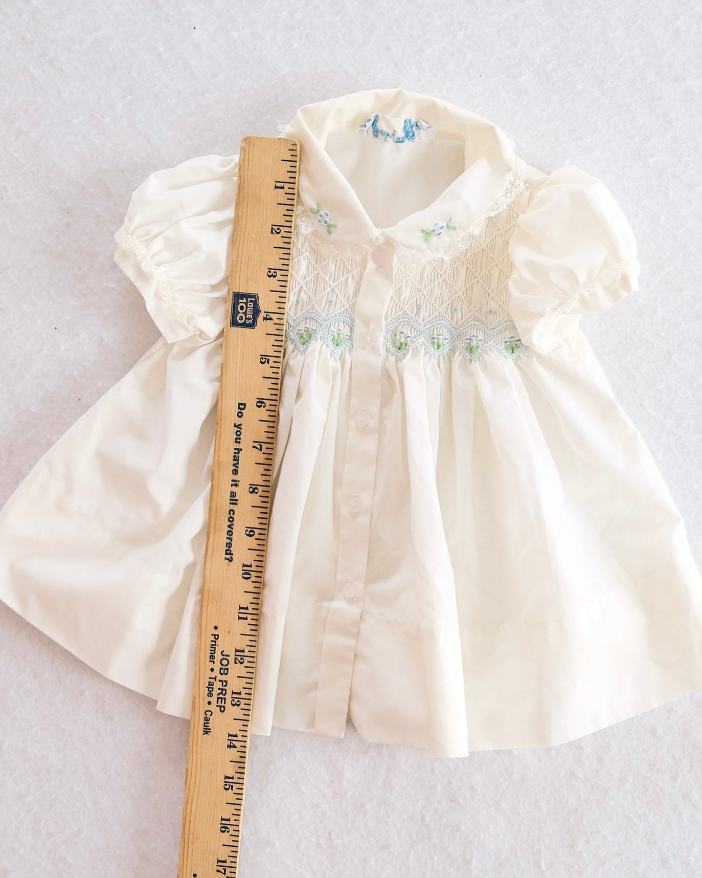 Vintage Smocked Ivory Baby Dress with Blue Floral Detail: 3–6M
