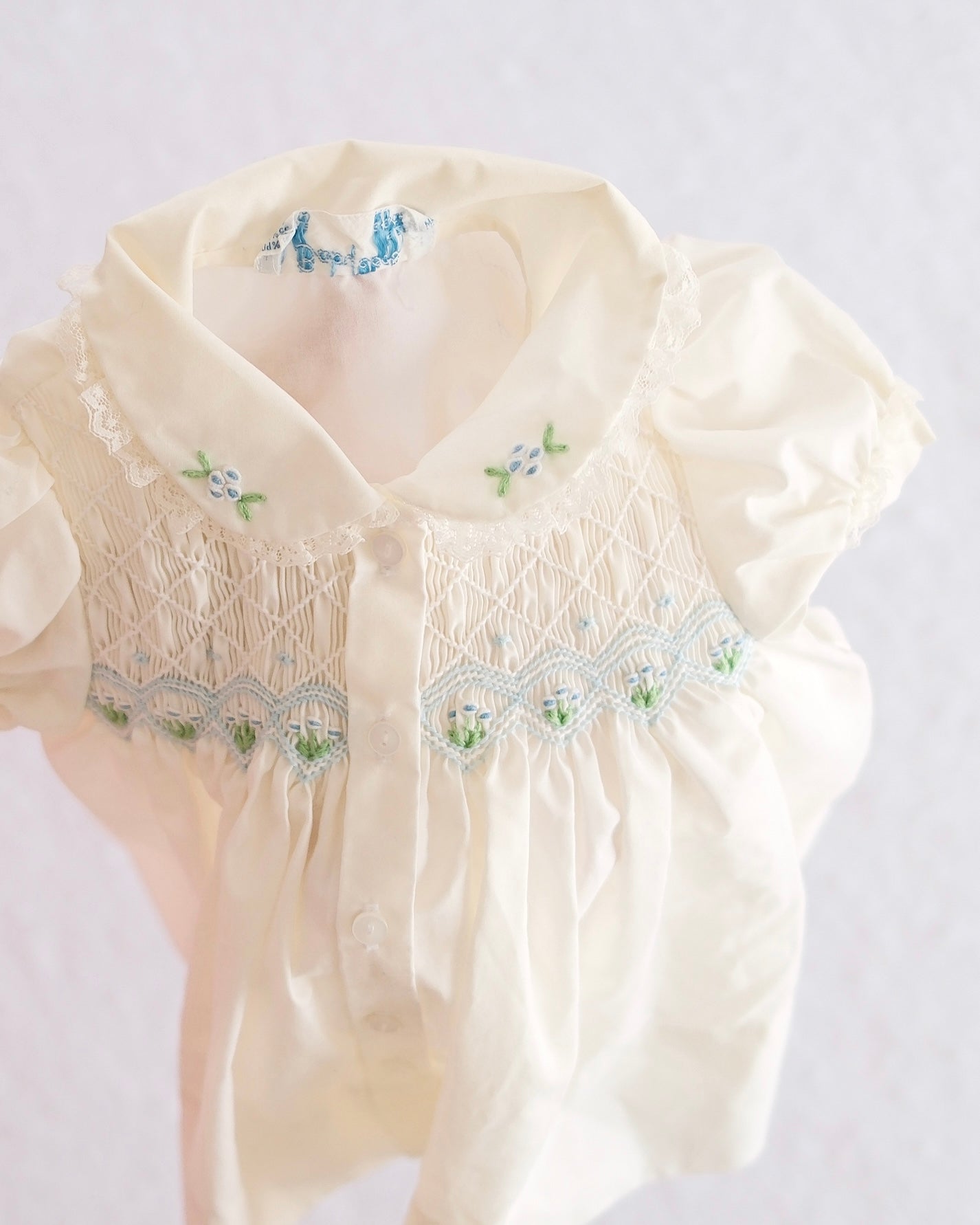 Vintage Smocked Ivory Baby Dress with Blue Floral Detail: 3–6M