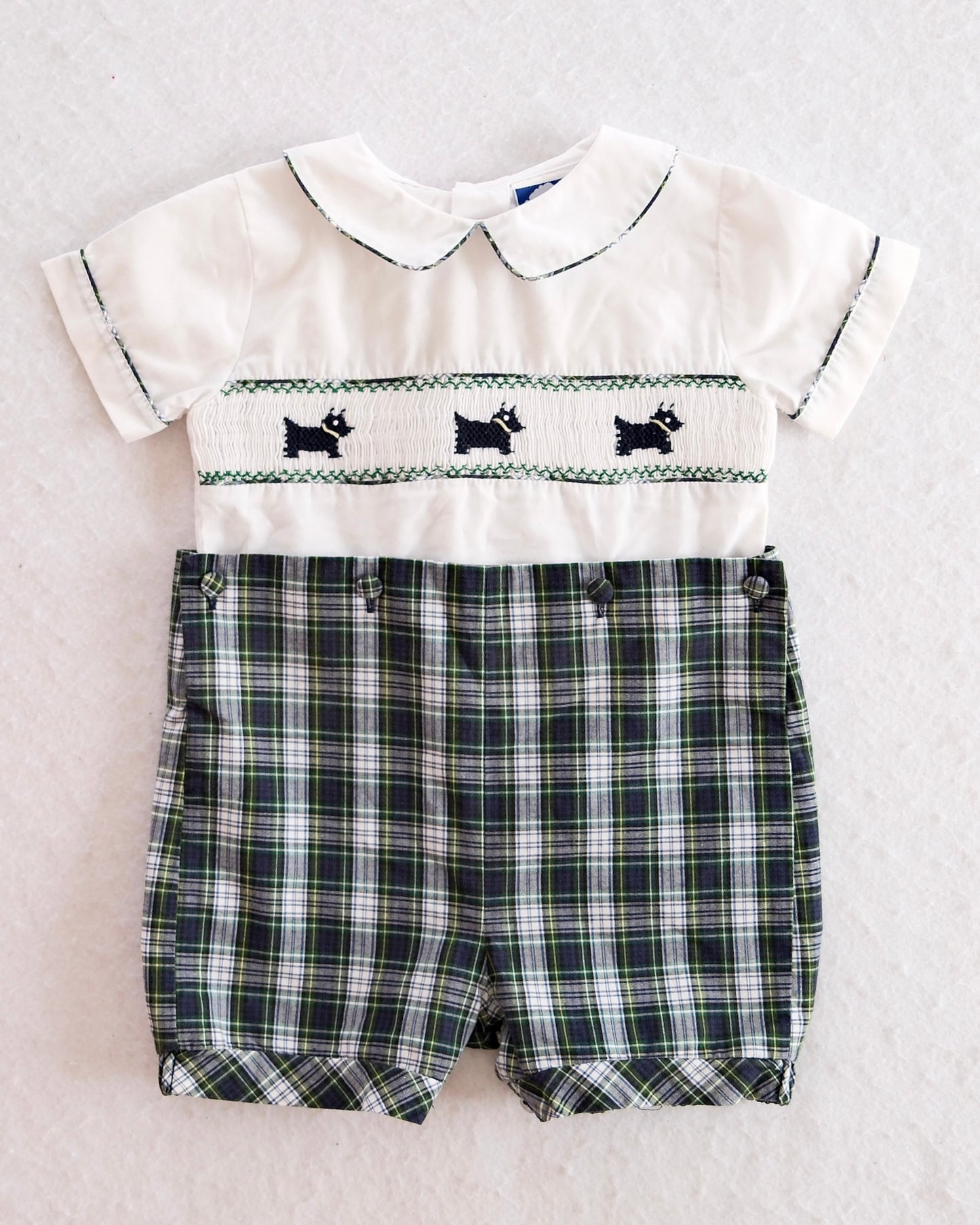 Heirloom Carriage Boutique Smocked Scottie Dog Baby Romper with Plaid Shorts: 12m