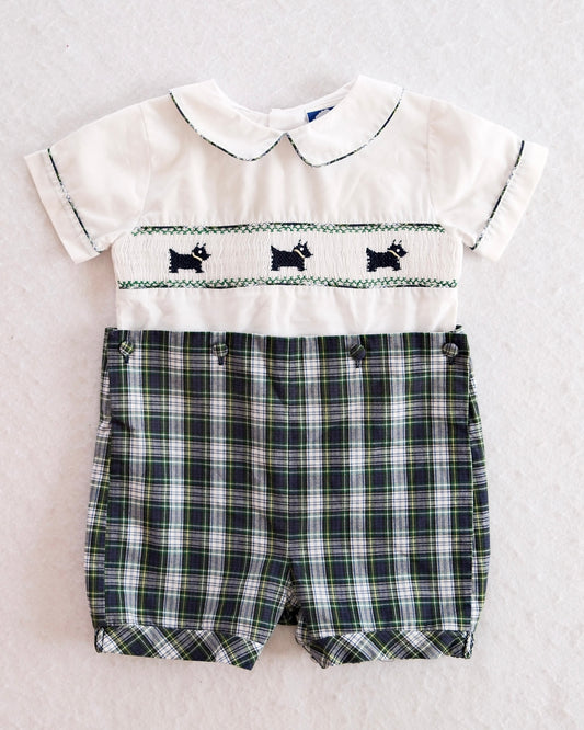 Heirloom Carriage Boutique Smocked Scottie Dog Baby Romper with Plaid Shorts: 12m