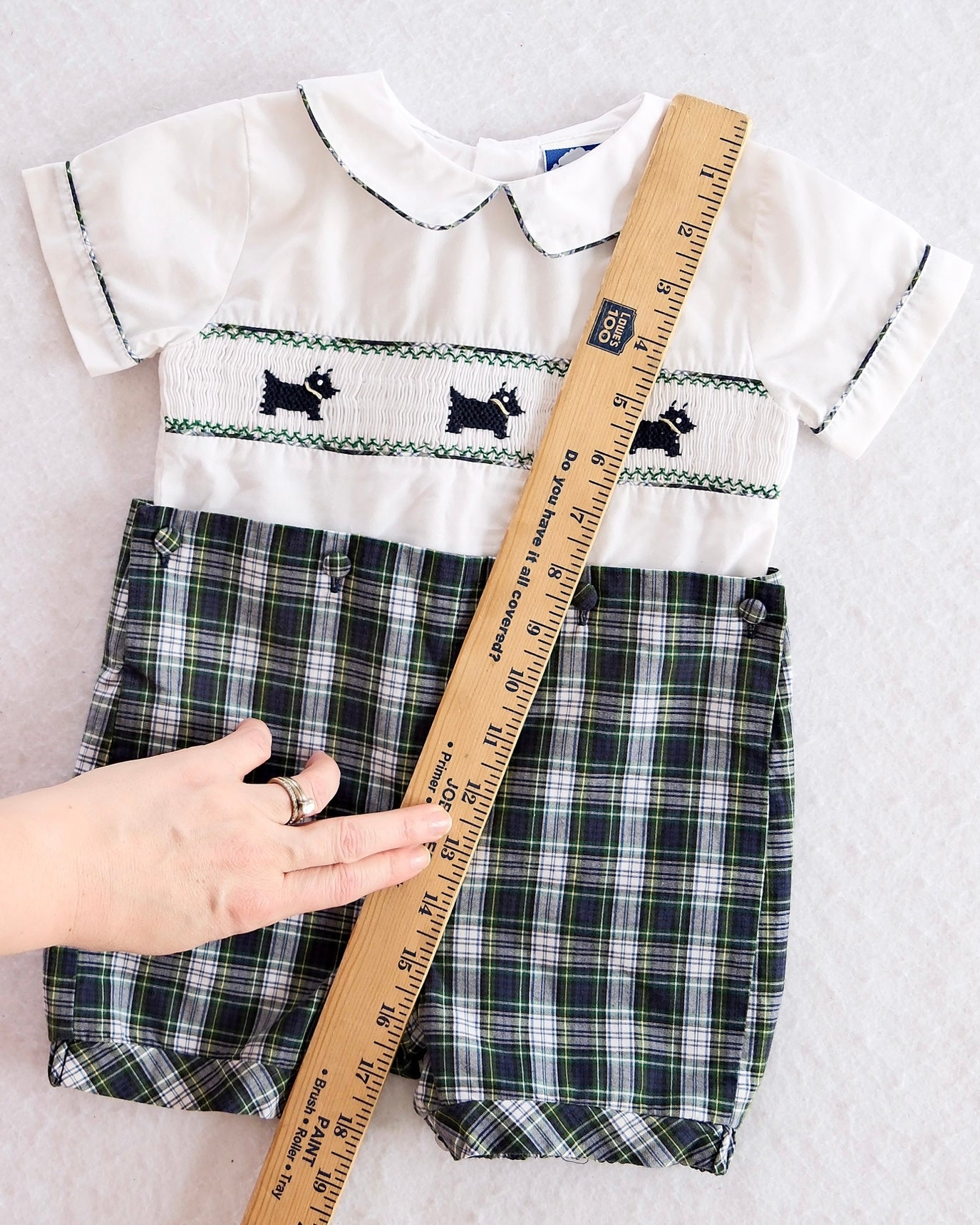 Heirloom Carriage Boutique Smocked Scottie Dog Baby Romper with Plaid Shorts: 12m
