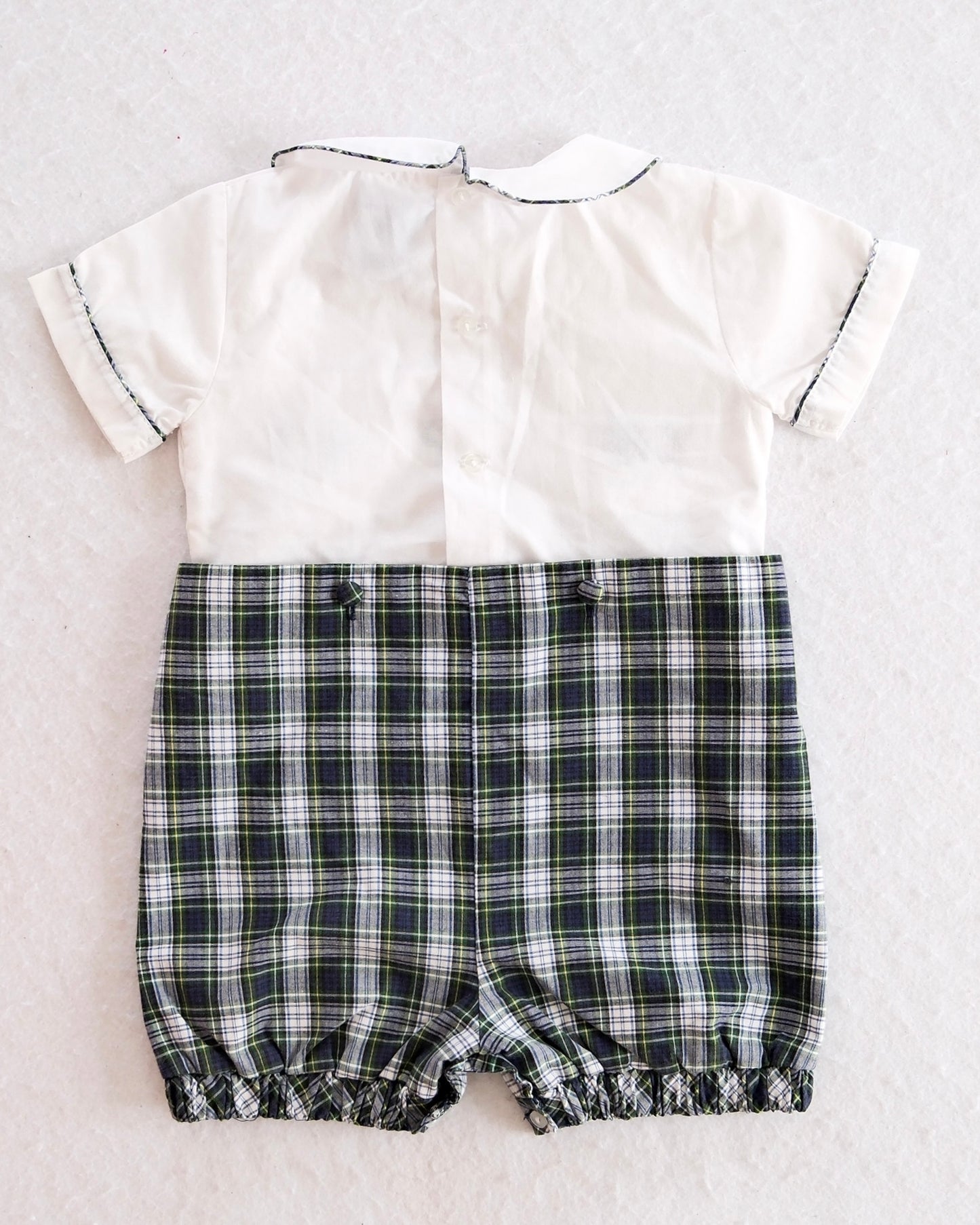 Heirloom Carriage Boutique Smocked Scottie Dog Baby Romper with Plaid Shorts: 12m